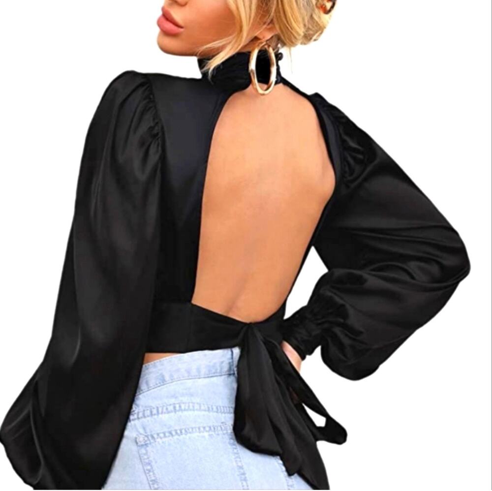 Choosy Blouse SZ 12 Black Satin French Bow Open Back NWT Puff Sleeve High Neck
